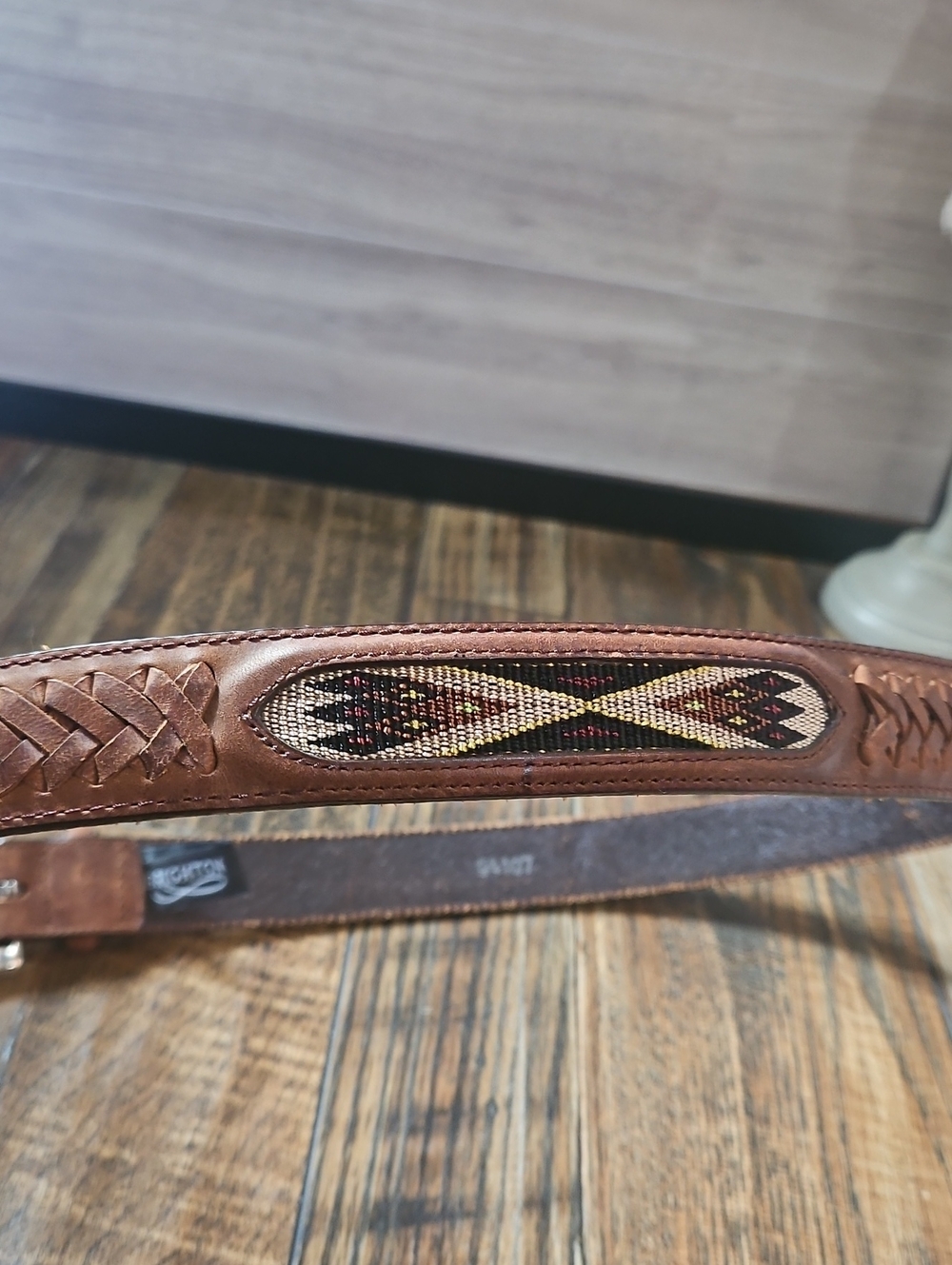 Brighton Men's Brown Leather Braided Belt with Aztec Design Inlay Size 34